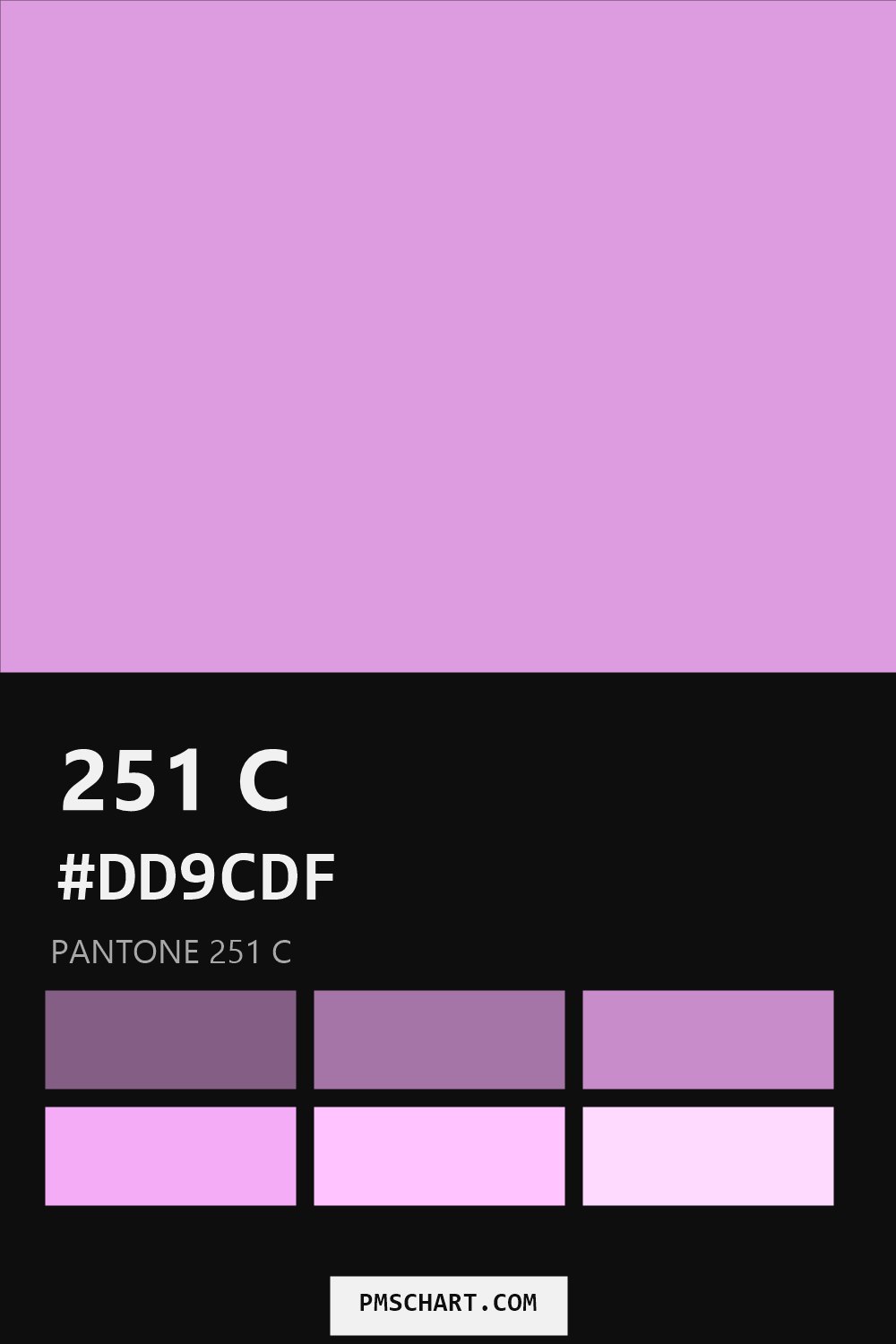 Pantone 251 C color reference card (HEX #DD9CDF) with six nearest Pantone matches