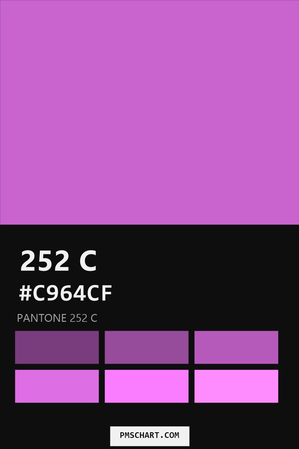 Pantone 252 C color reference card (HEX #C964CF) with six nearest Pantone matches