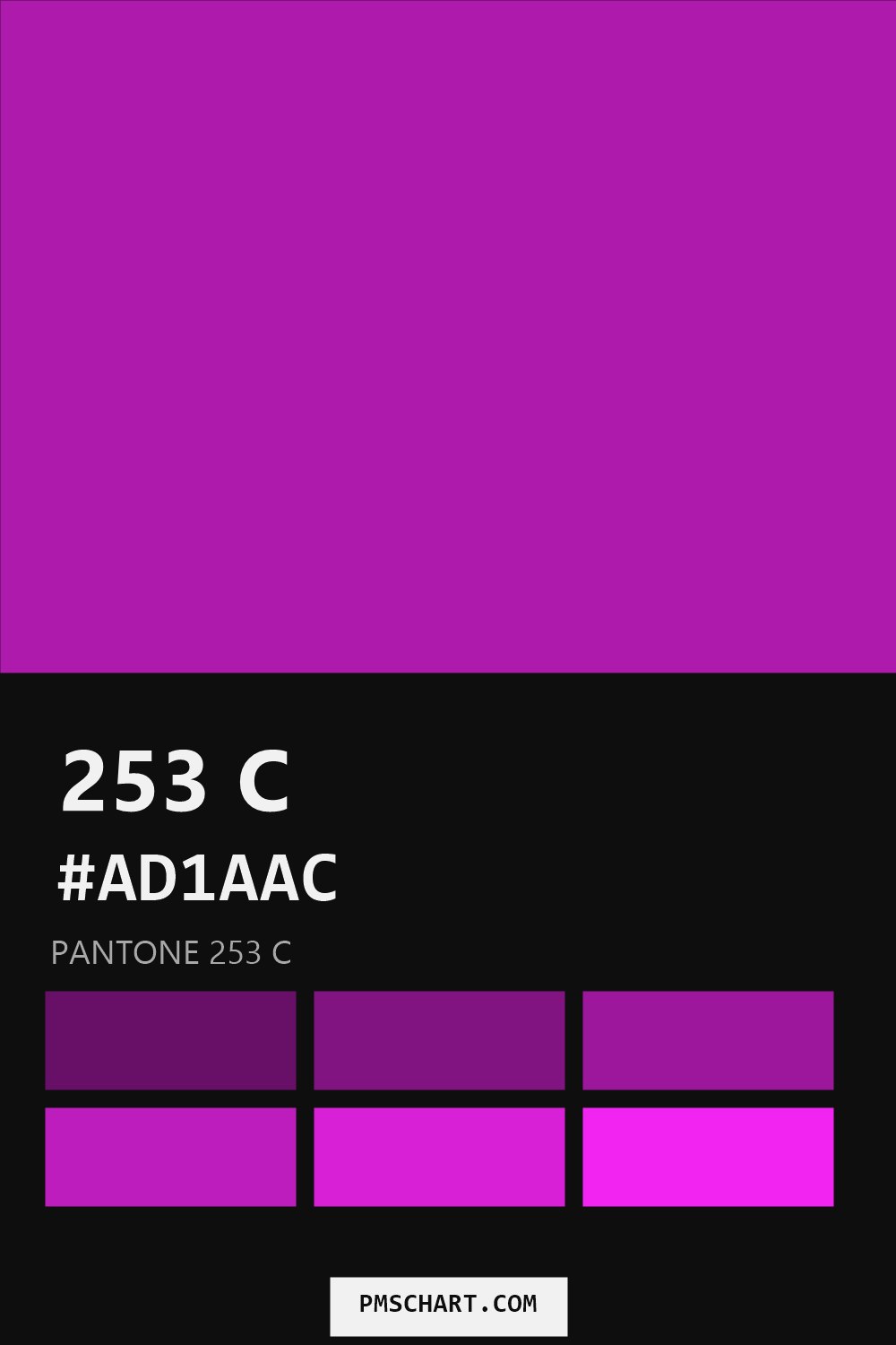 Pantone 253 C color reference card (HEX #AD1AAC) with six nearest Pantone matches