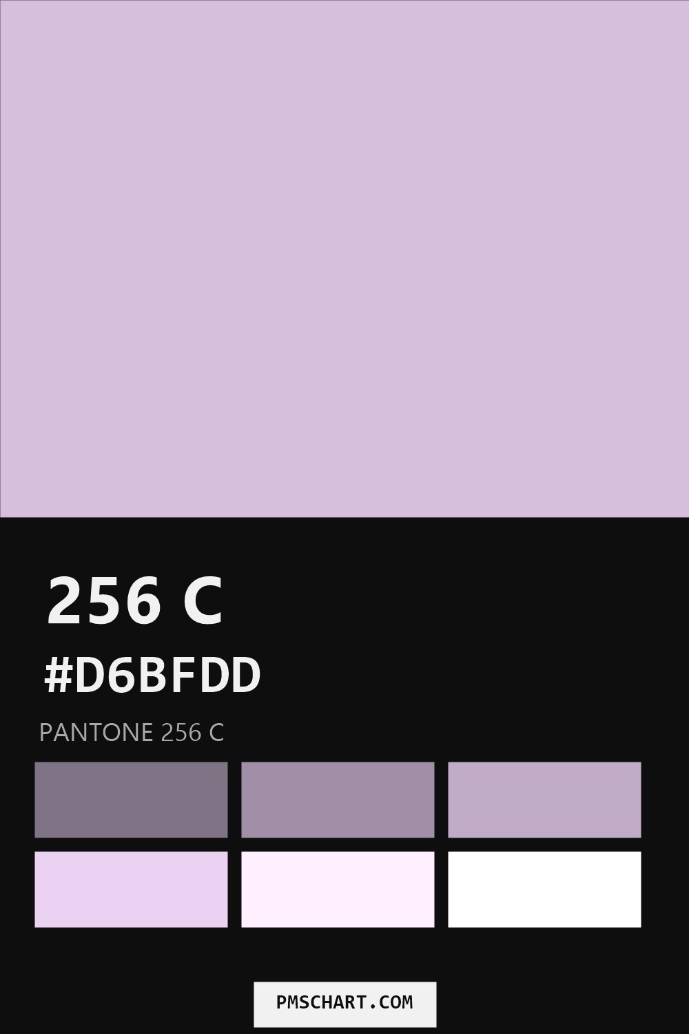 Pantone 256 C color reference card (HEX #D6BFDD) with six nearest Pantone matches