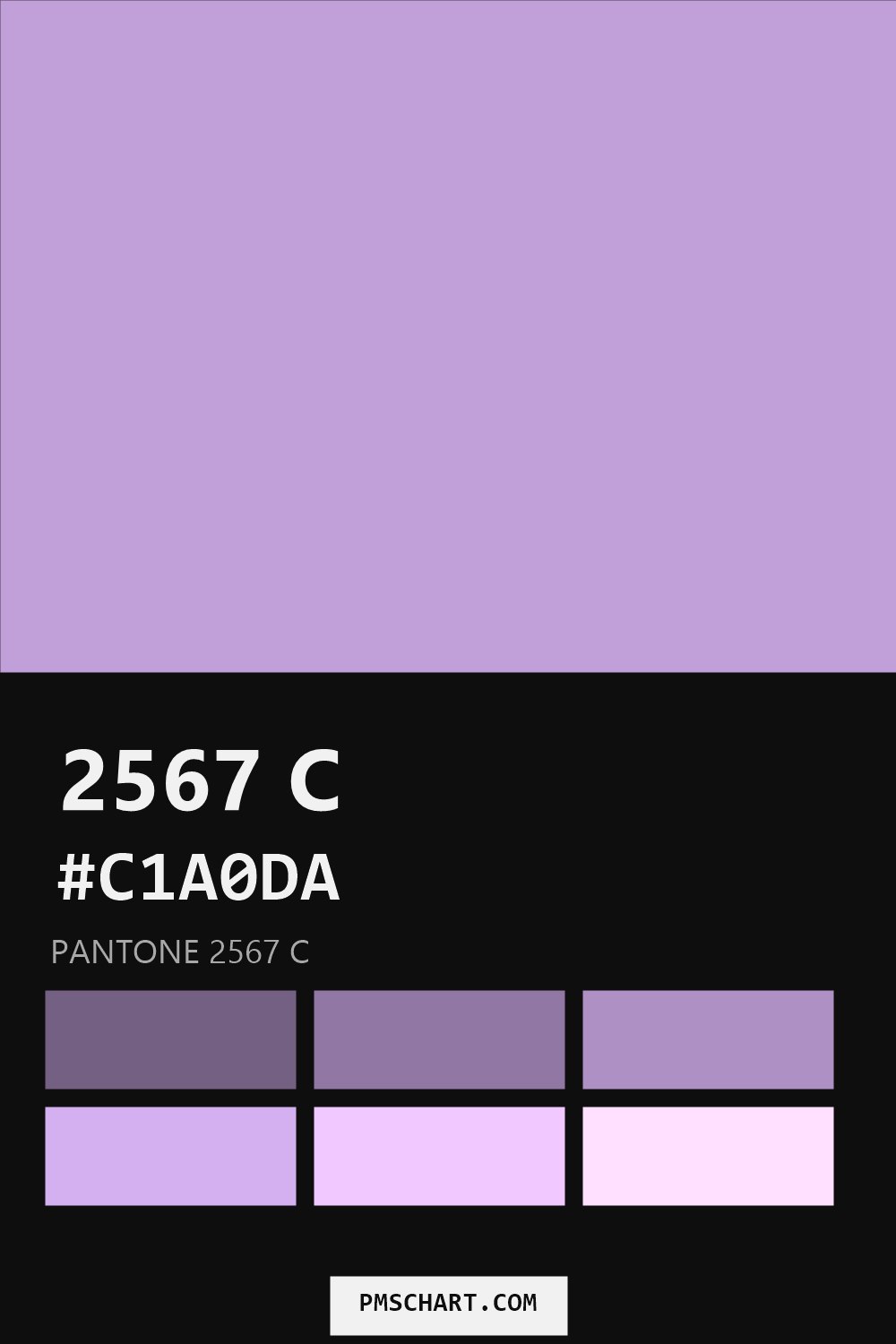 Pantone 2567 C color reference card (HEX #C1A0DA) with six nearest Pantone matches