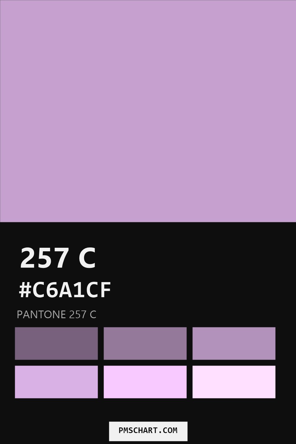 Pantone 257 C color reference card (HEX #C6A1CF) with six nearest Pantone matches