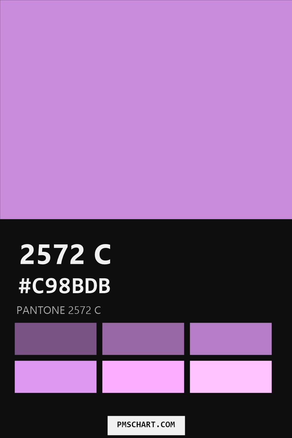 Pantone 2572 C color reference card (HEX #C98BDB) with six nearest Pantone matches
