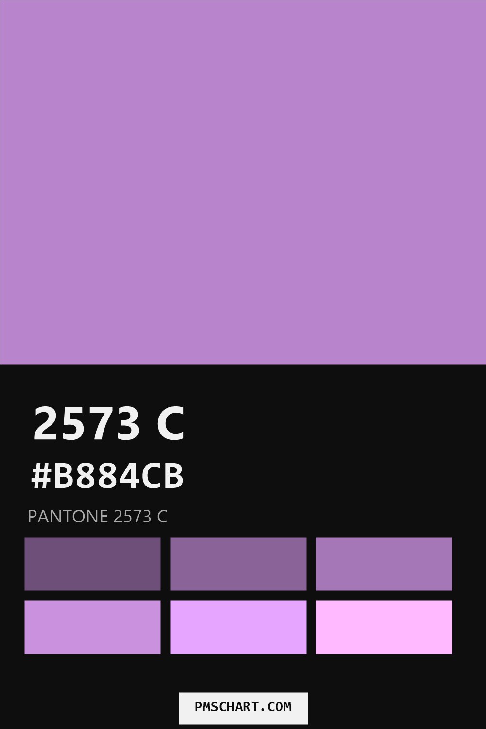 Pantone 2573 C color reference card (HEX #B884CB) with six nearest Pantone matches