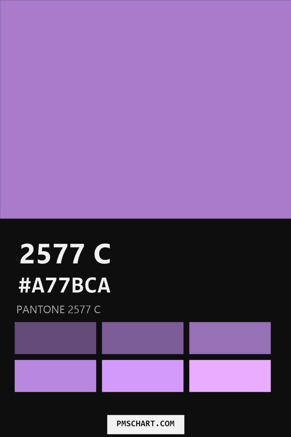 Pantone 2577 C color reference card (HEX #A77BCA) with six nearest Pantone matches