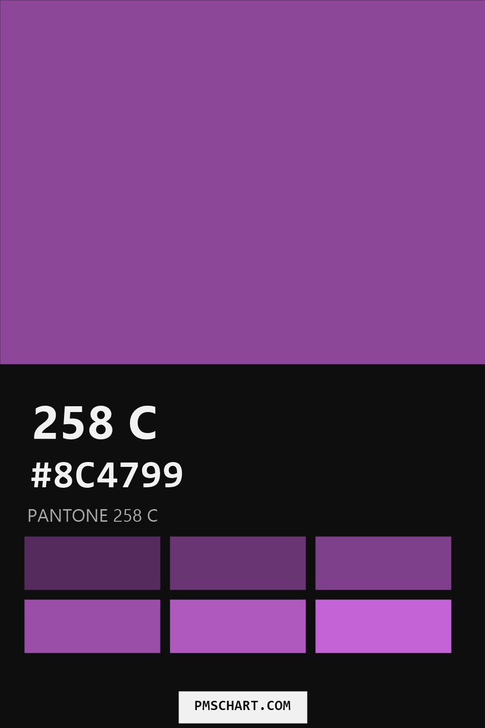 Pantone 258 C color reference card (HEX #8C4799) with six nearest Pantone matches