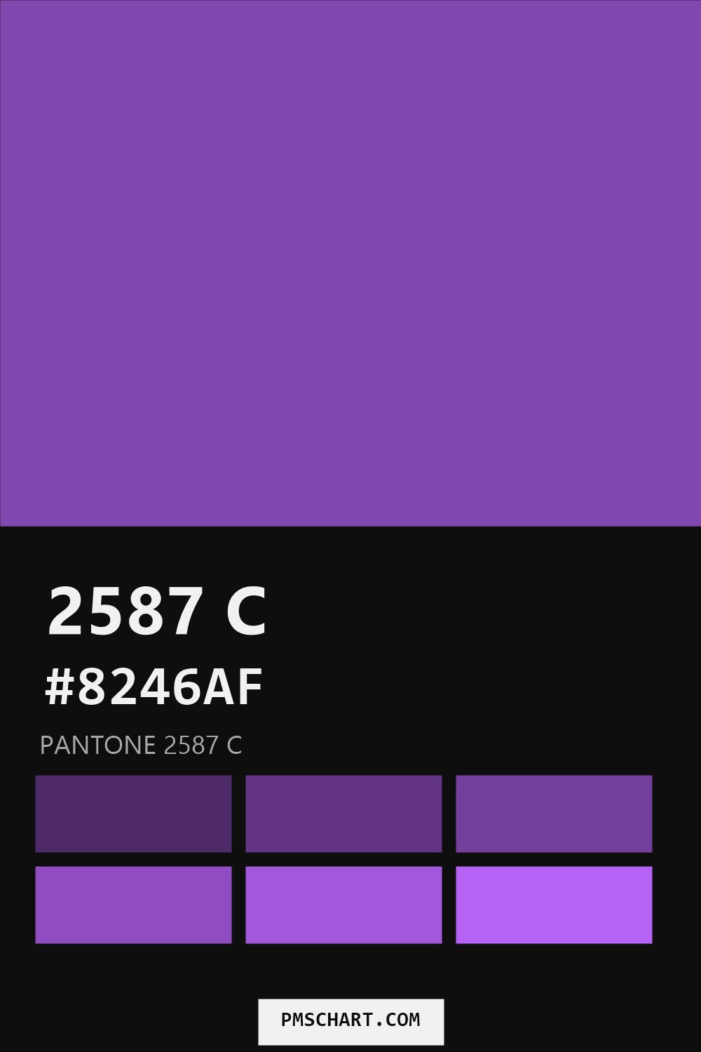 Pantone 2587 C color reference card (HEX #8246AF) with six nearest Pantone matches