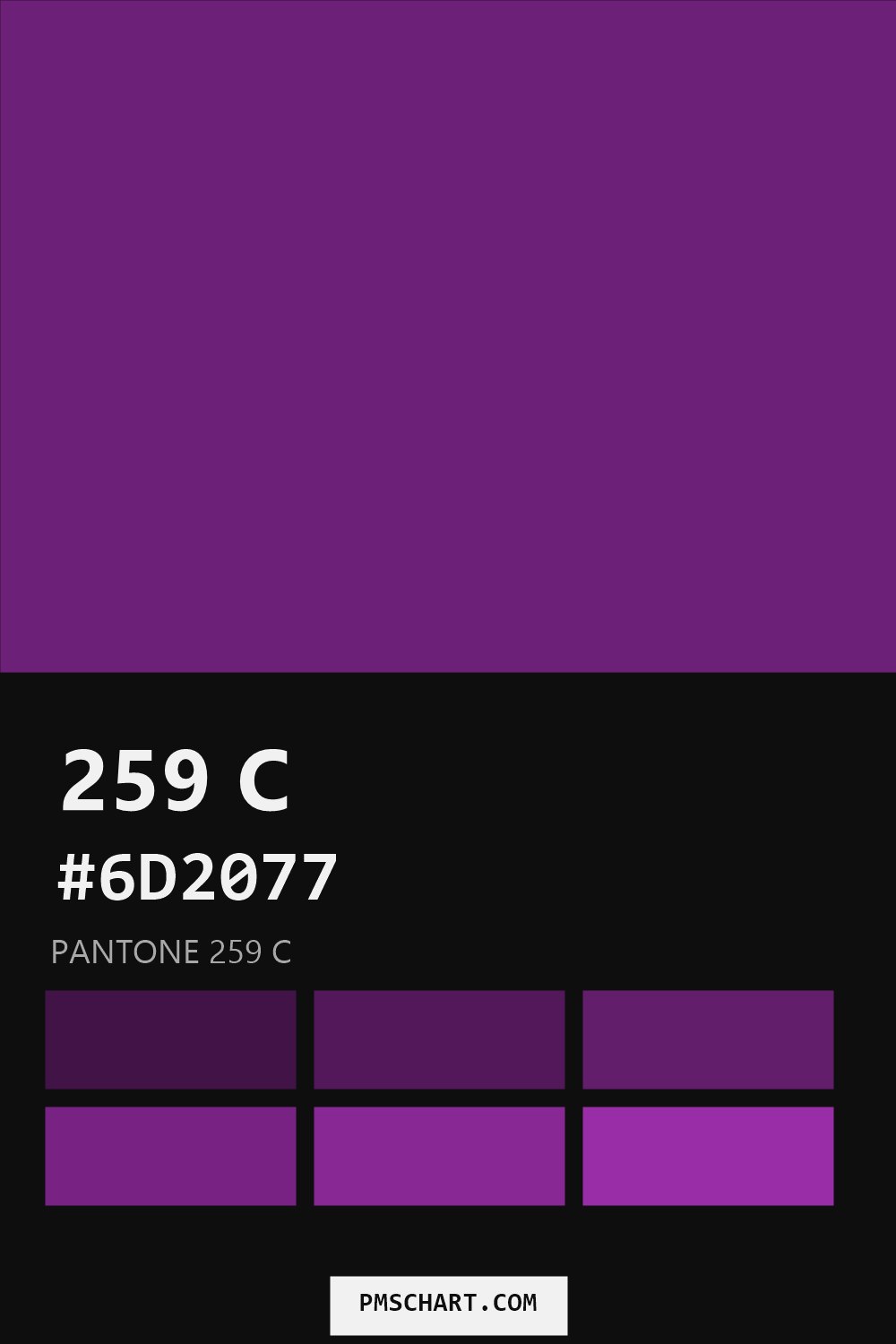 Pantone 259 C color reference card (HEX #6D2077) with six nearest Pantone matches