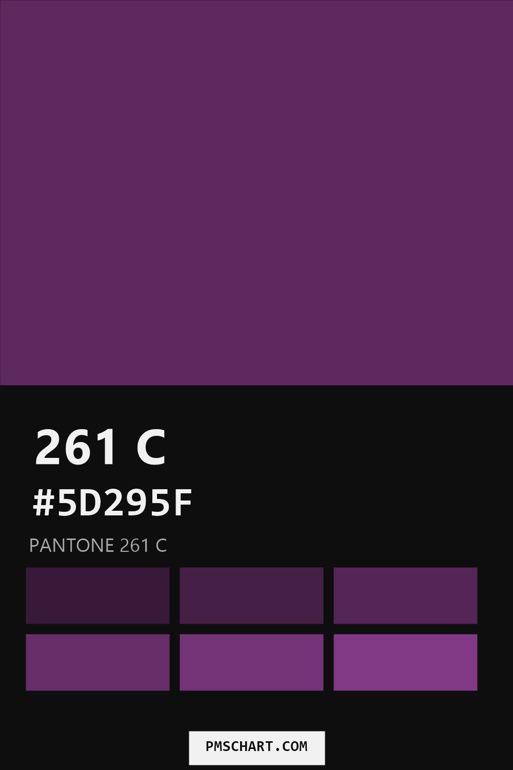 Pantone 261 C color reference card (HEX #5D295F) with six nearest Pantone matches