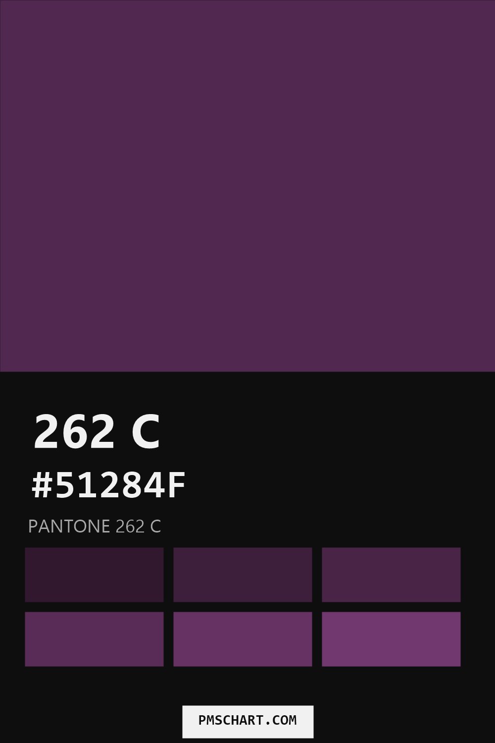 Pantone 262 C color reference card (HEX #51284F) with six nearest Pantone matches
