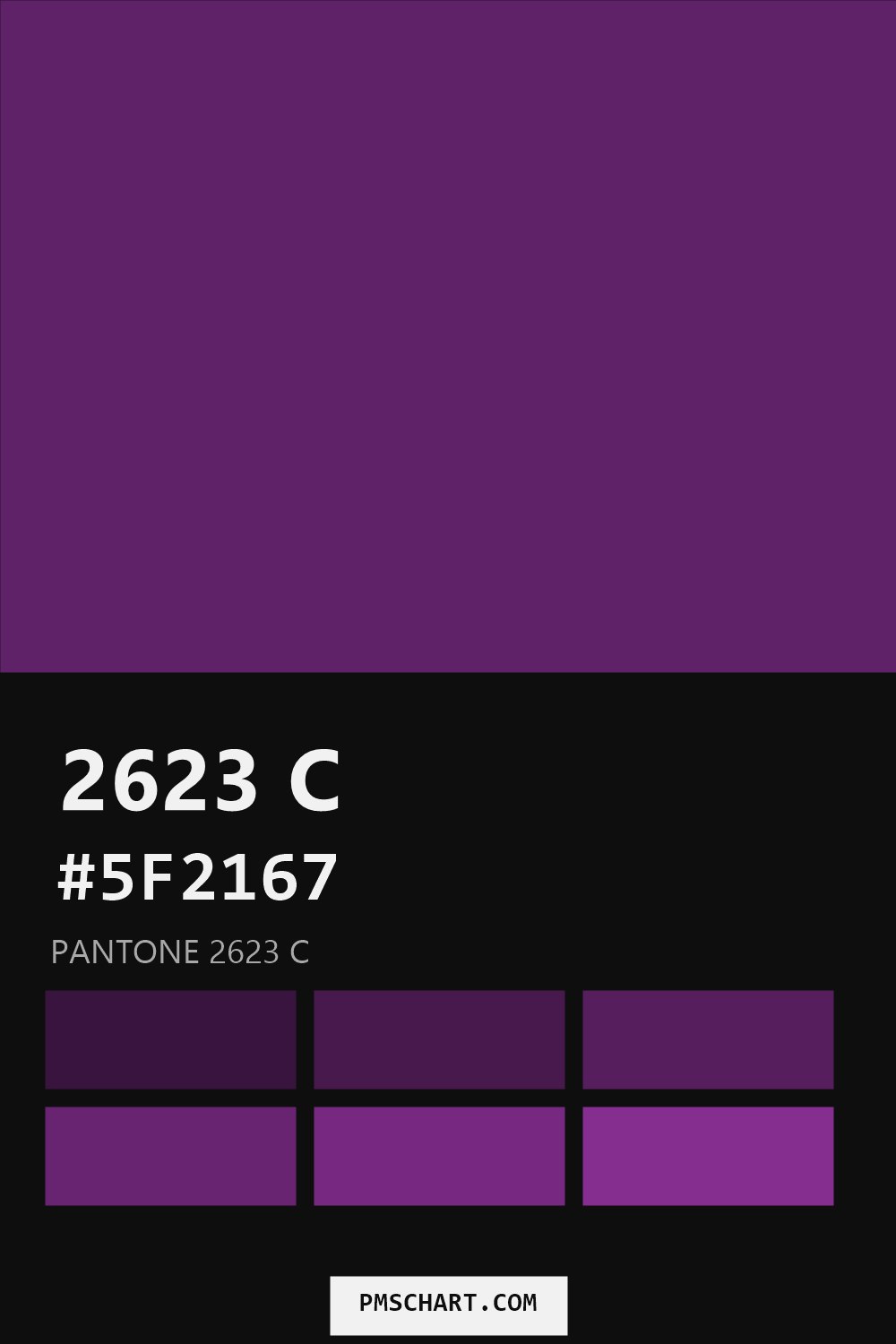 Pantone 2623 C color reference card (HEX #5F2167) with six nearest Pantone matches