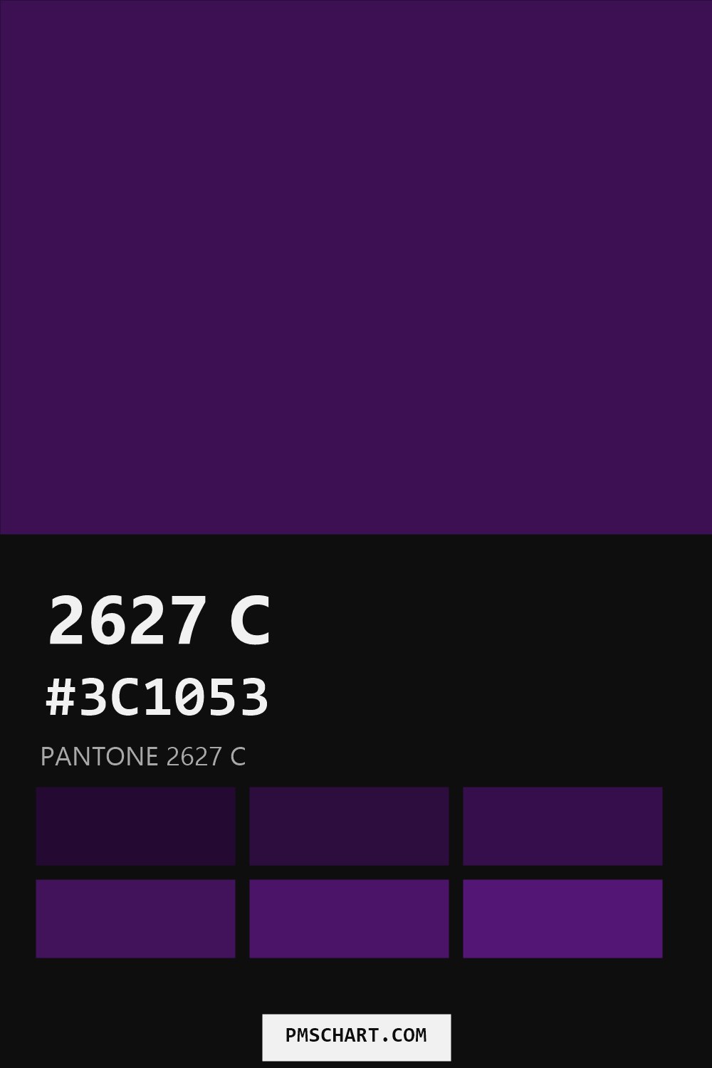 Pantone 2627 C color reference card (HEX #3C1053) with six nearest Pantone matches