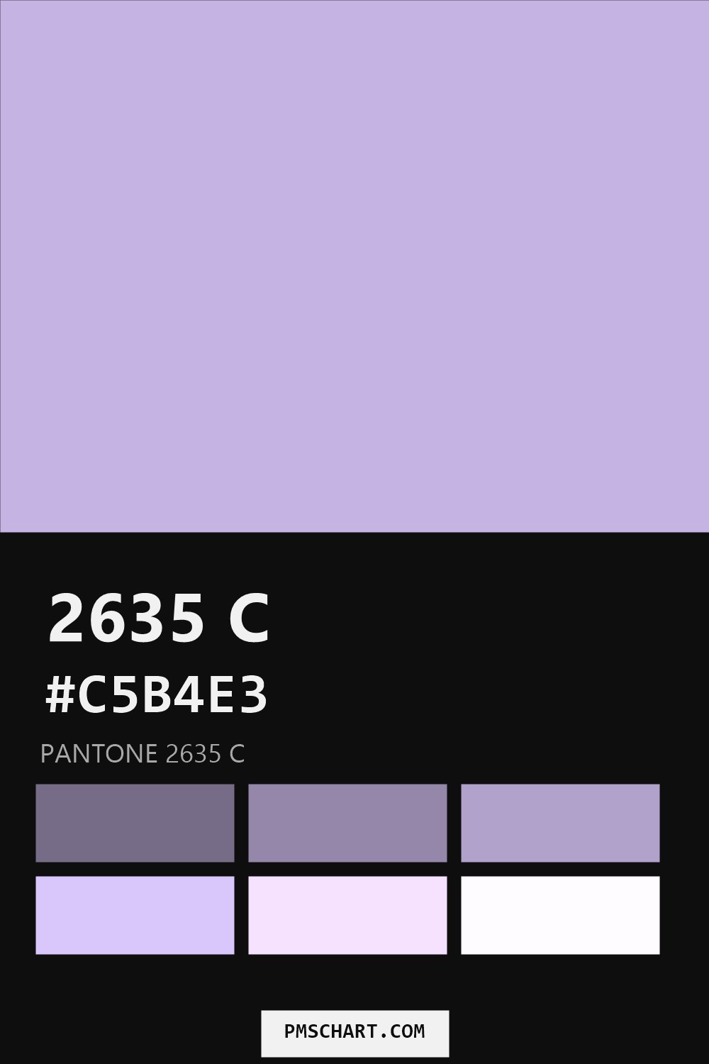 Pantone 2635 C color reference card (HEX #C5B4E3) with six nearest Pantone matches