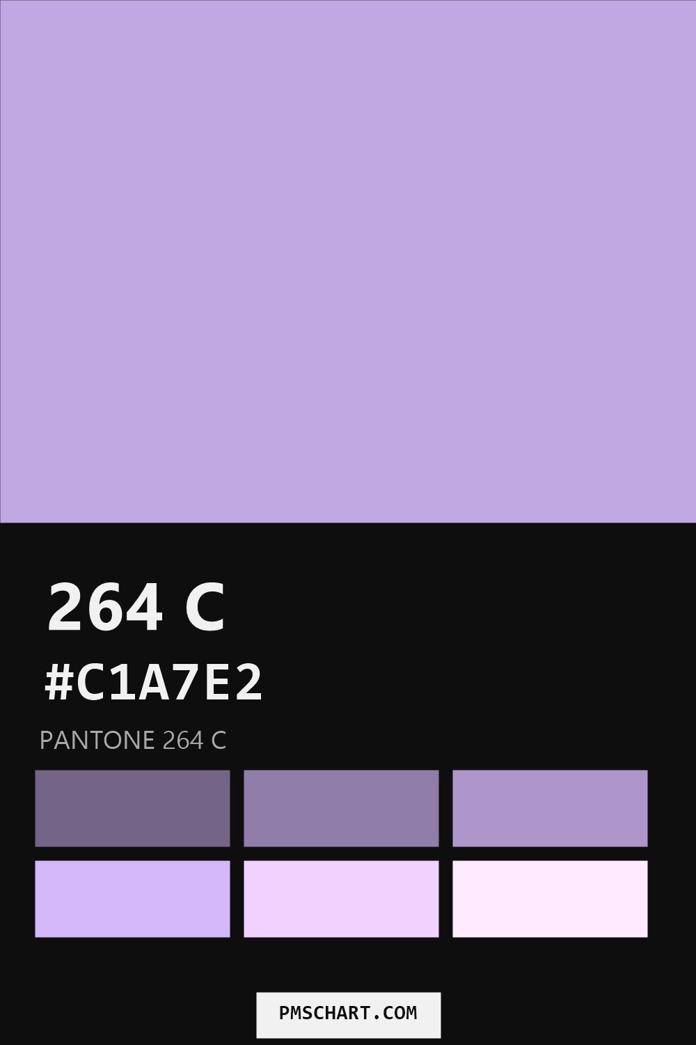 Pantone 264 C color reference card (HEX #C1A7E2) with six nearest Pantone matches
