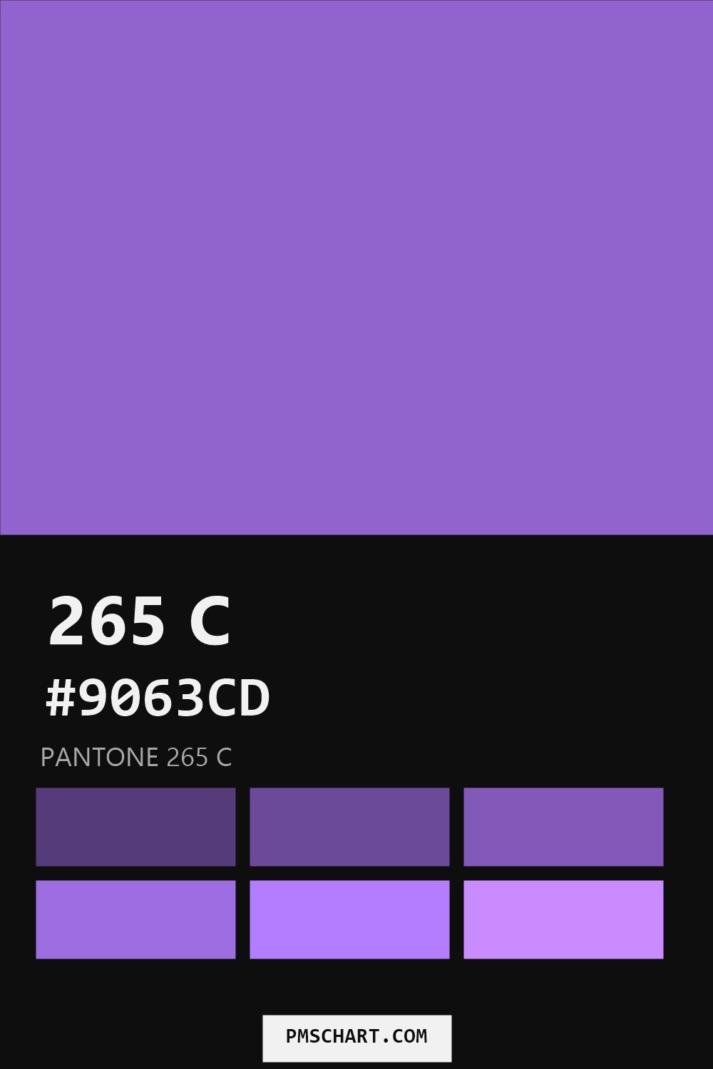 Pantone 265 C color reference card (HEX #9063CD) with six nearest Pantone matches