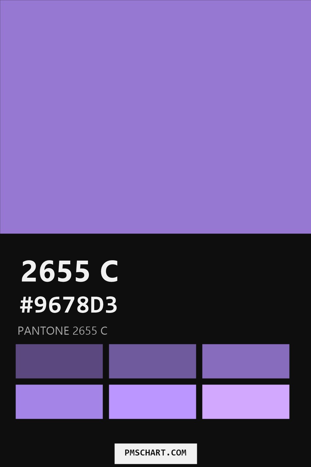 Pantone 2655 C color reference card (HEX #9678D3) with six nearest Pantone matches
