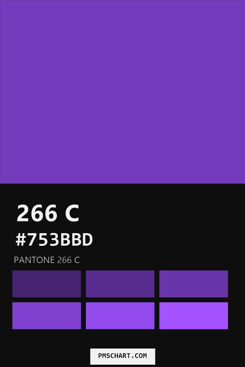 Pantone 266 C color reference card (HEX #753BBD) with six nearest Pantone matches