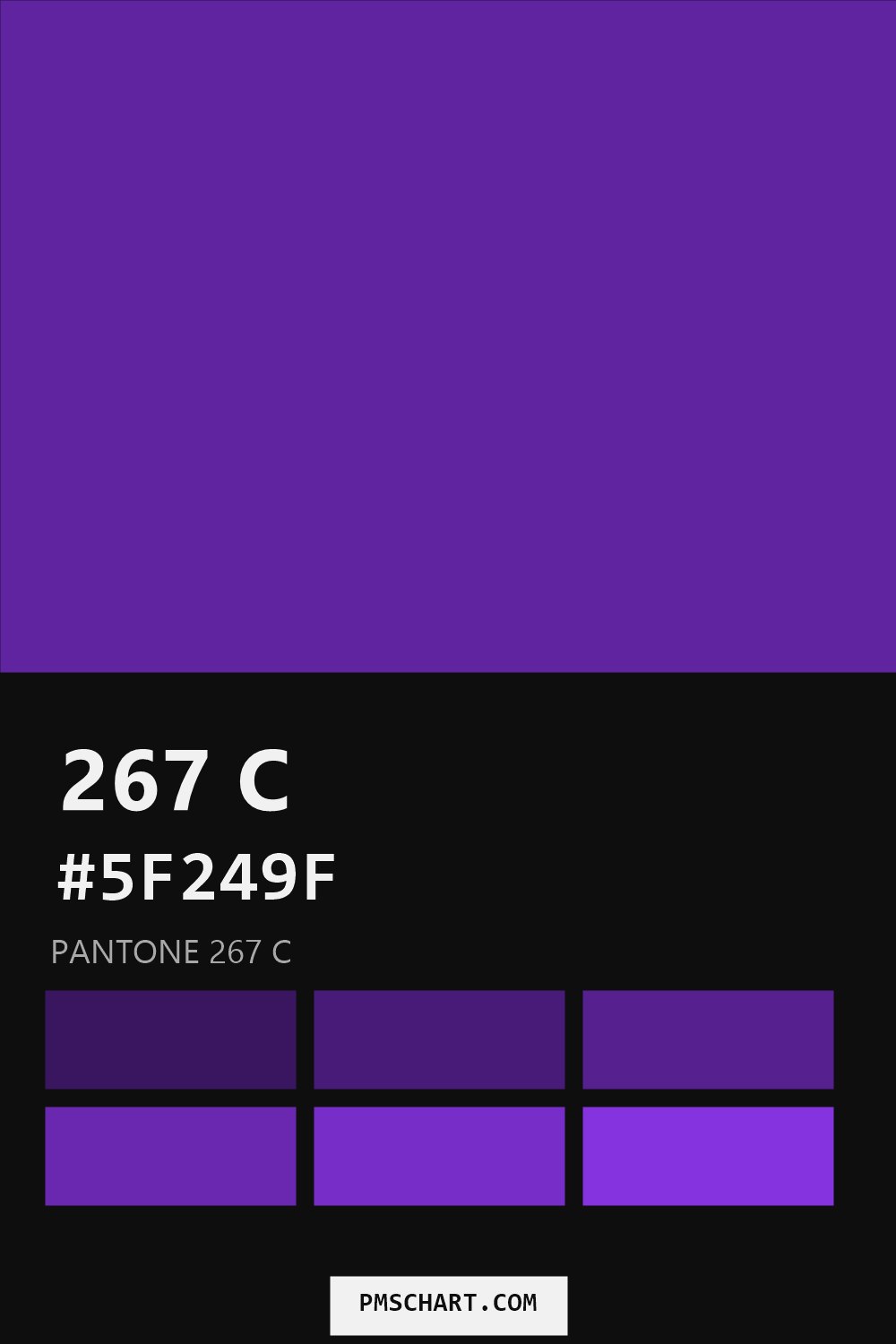 Pantone 267 C color reference card (HEX #5F249F) with six nearest Pantone matches