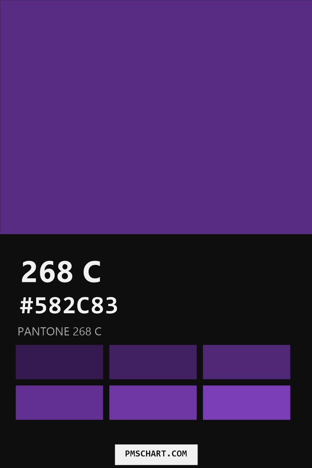 Pantone 268 C color reference card (HEX #582C83) with six nearest Pantone matches