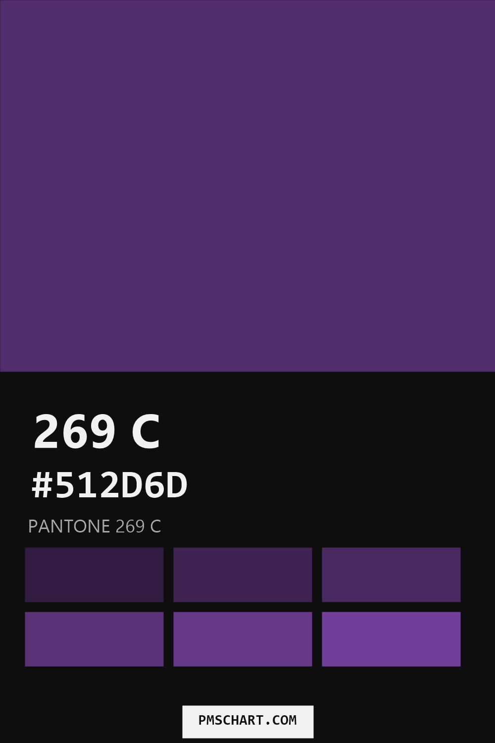 Pantone 269 C color reference card (HEX #512D6D) with six nearest Pantone matches