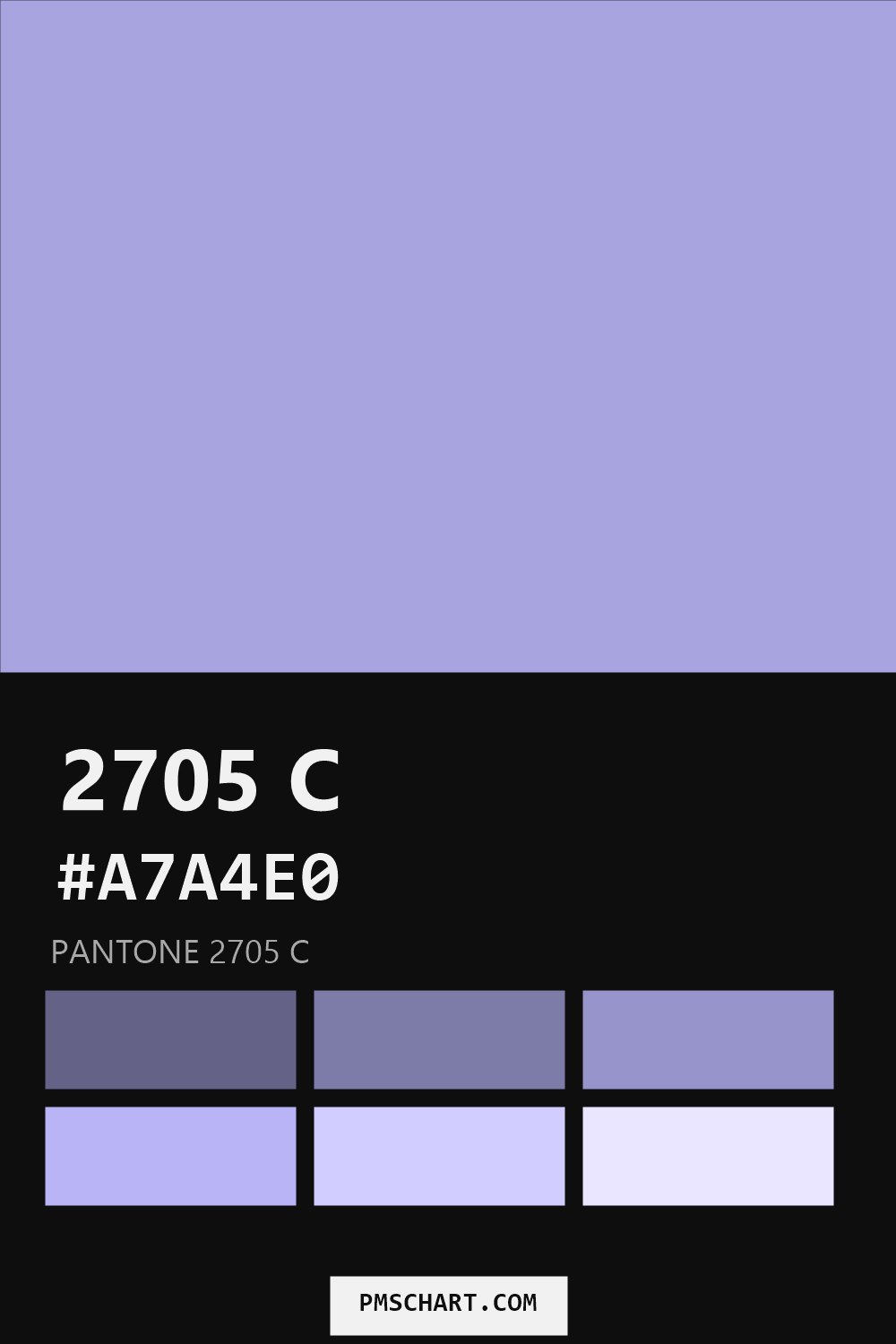 Pantone 2705 C color reference card (HEX #A7A4E0) with six nearest Pantone matches