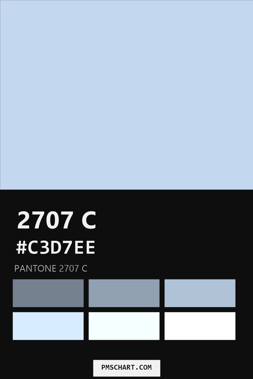 Pantone 2707 C color reference card (HEX #C3D7EE) with six nearest Pantone matches