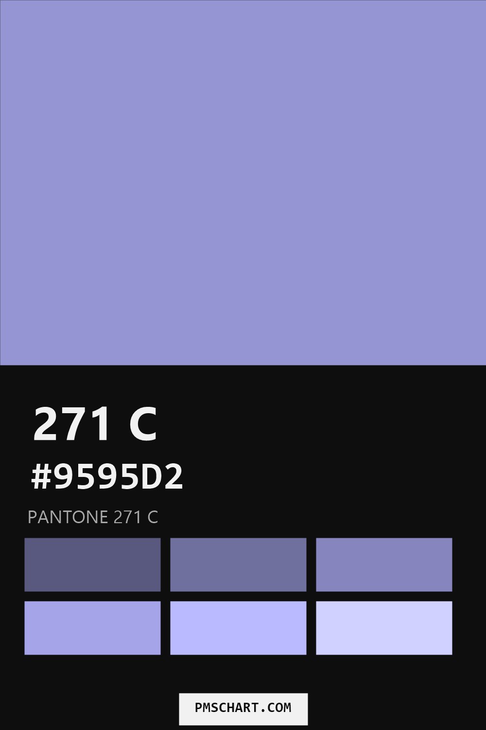 Pantone 271 C color reference card (HEX #9595D2) with six nearest Pantone matches
