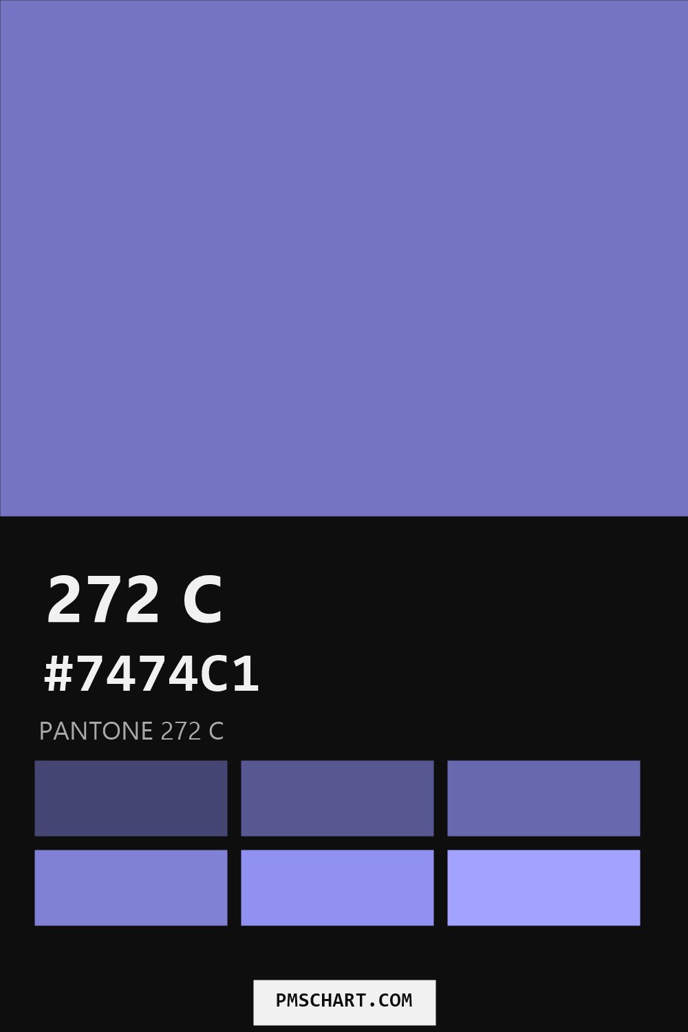 Pantone 272 C color reference card (HEX #7474C1) with six nearest Pantone matches