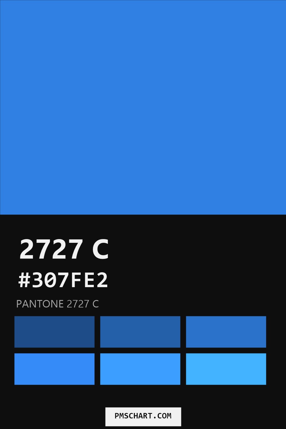 Pantone 2727 C color reference card (HEX #307FE2) with six nearest Pantone matches