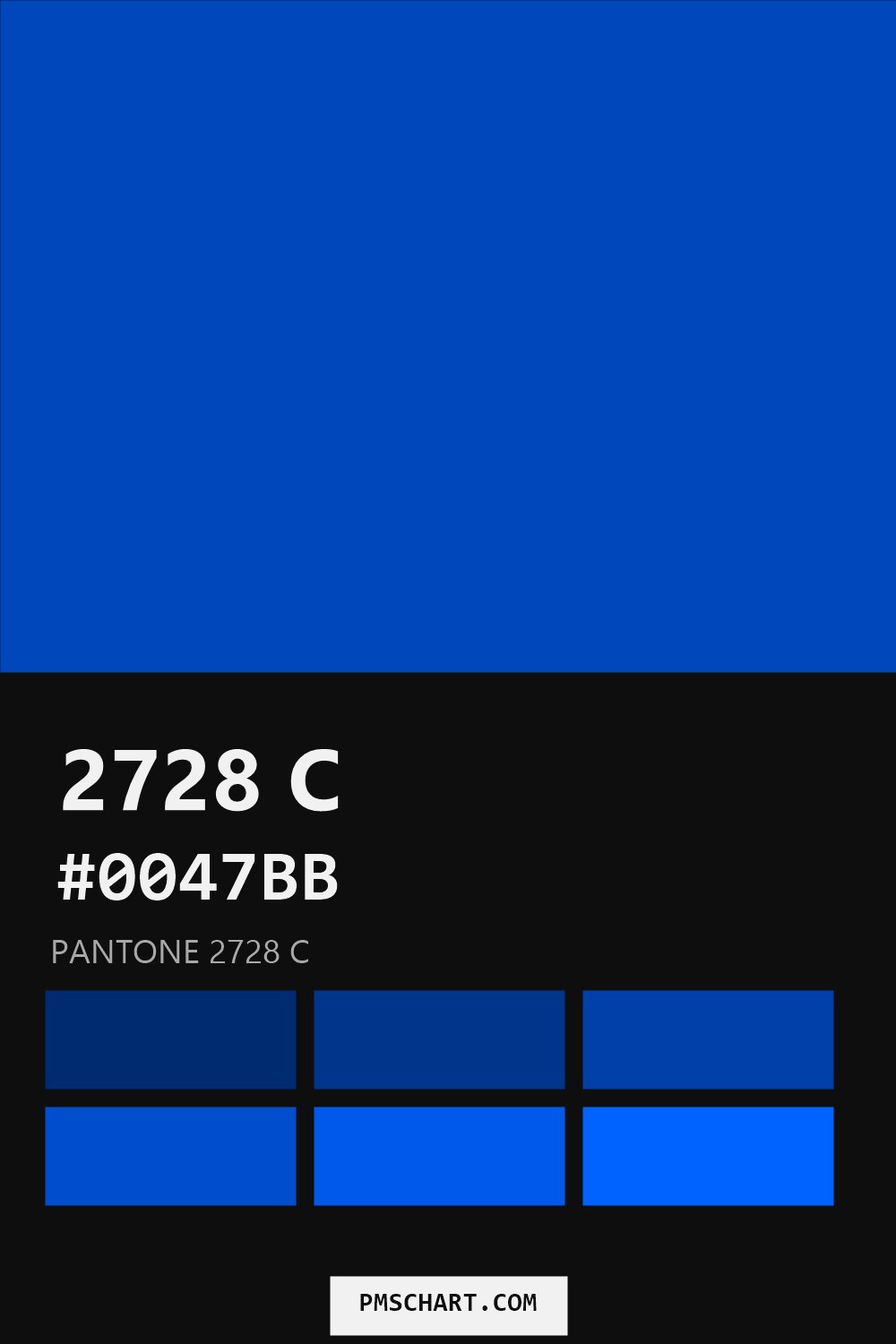 Pantone 2728 C color reference card (HEX #0047BB) with six nearest Pantone matches