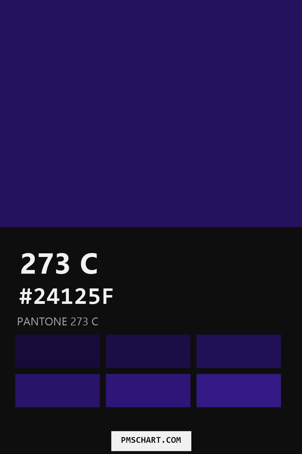 Pantone 273 C color reference card (HEX #24125F) with six nearest Pantone matches