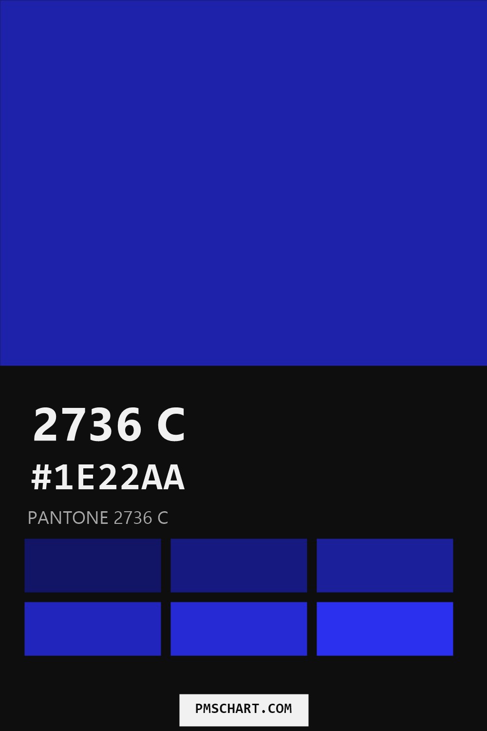 Pantone 2736 C color reference card (HEX #1E22AA) with six nearest Pantone matches