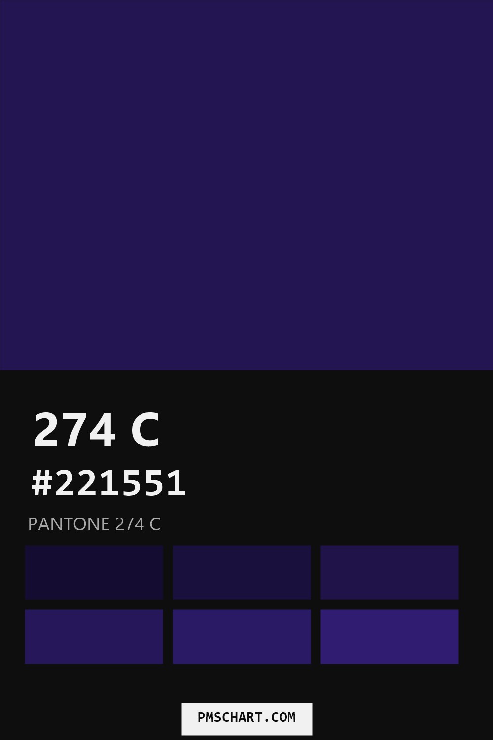 Pantone 274 C color reference card (HEX #221551) with six nearest Pantone matches