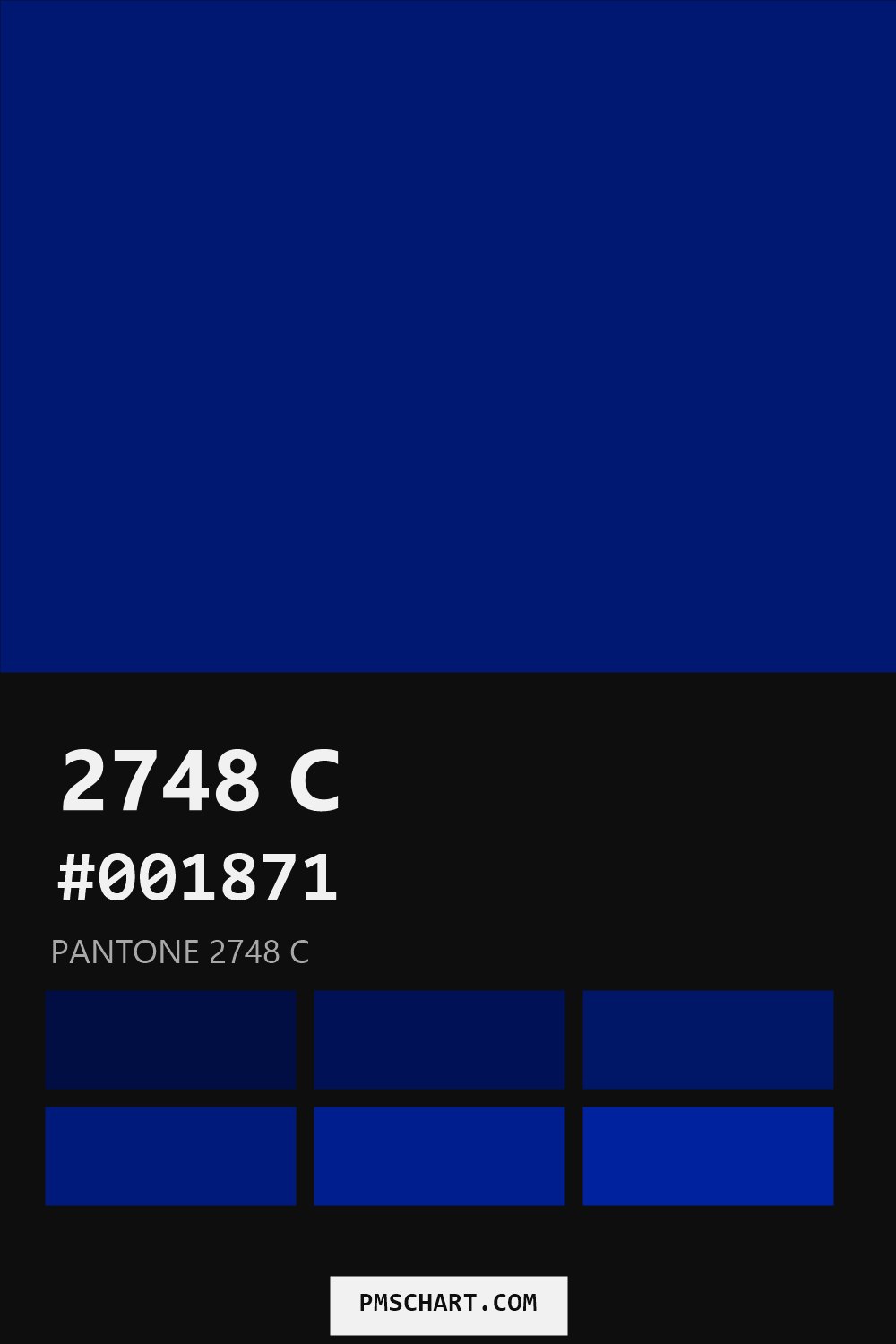 Pantone 2748 C color reference card (HEX #001871) with six nearest Pantone matches