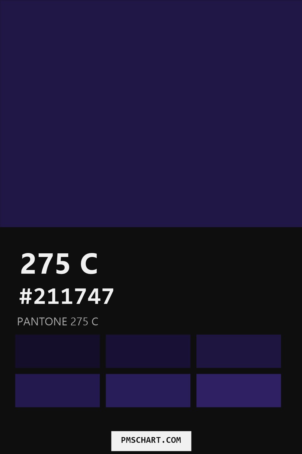 Pantone 275 C color reference card (HEX #211747) with six nearest Pantone matches