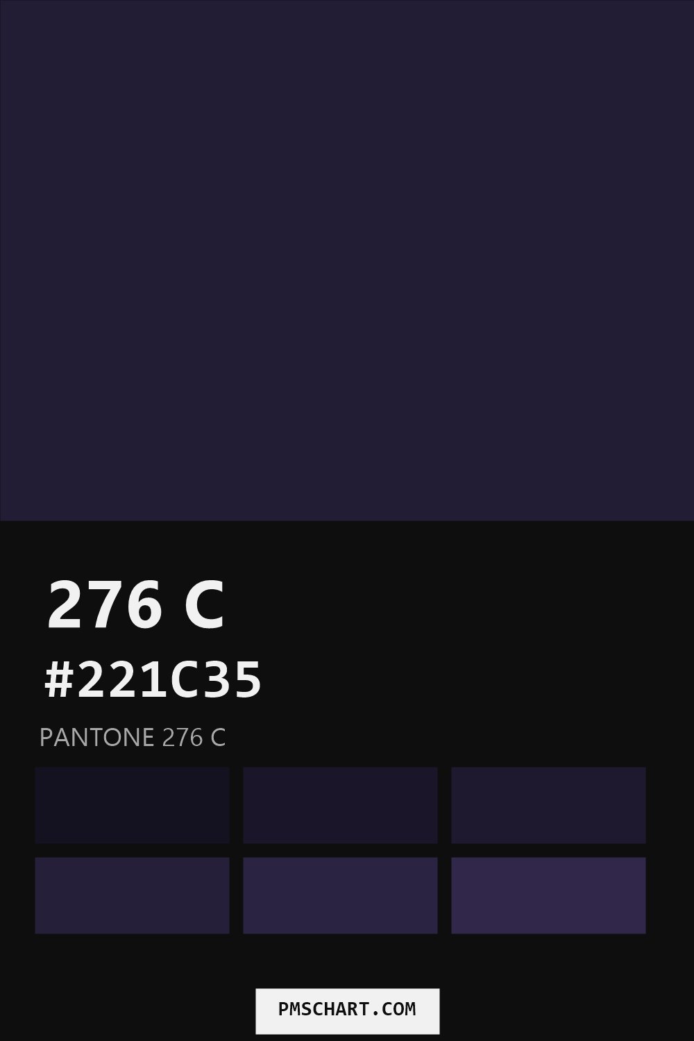 Pantone 276 C color reference card (HEX #221C35) with six nearest Pantone matches