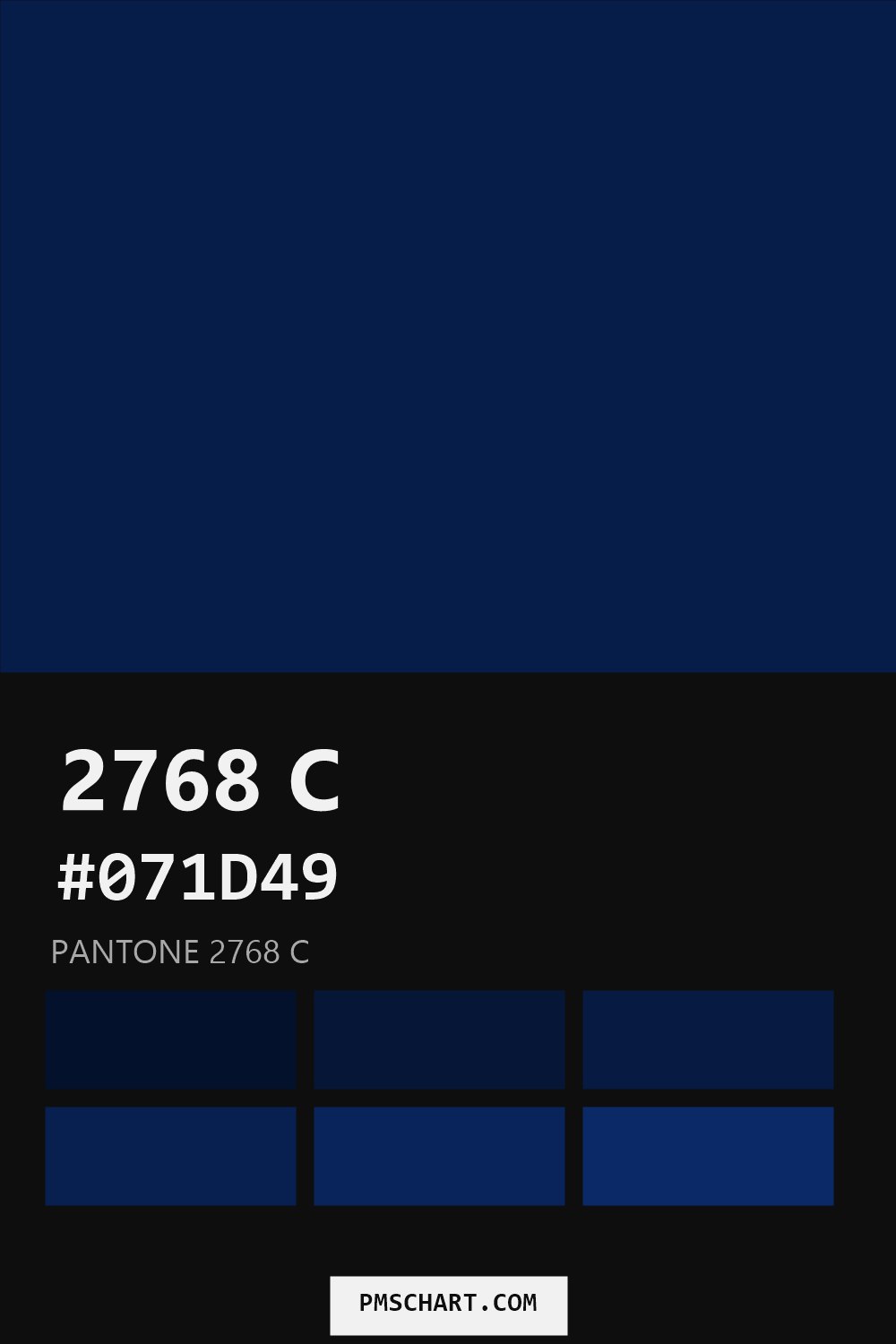 Pantone 2768 C color reference card (HEX #071D49) with six nearest Pantone matches