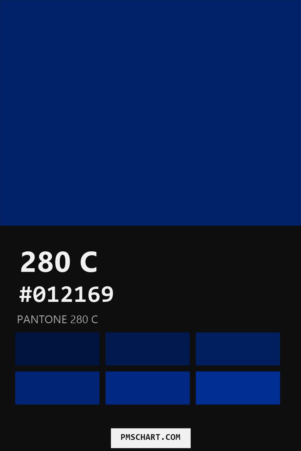 Pantone 280 C color reference card (HEX #012169) with six nearest Pantone matches