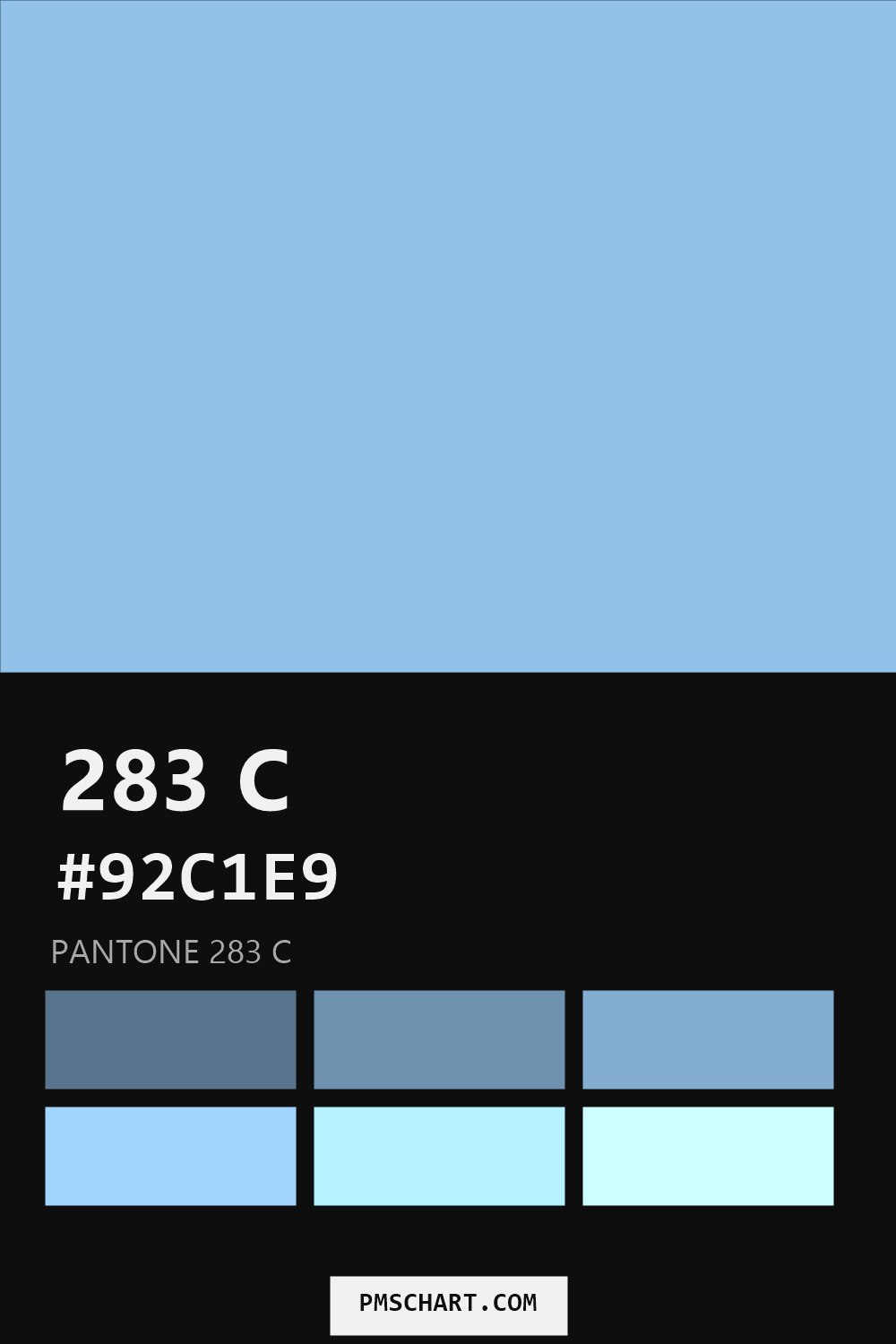 Pantone 283 C color reference card (HEX #92C1E9) with six nearest Pantone matches