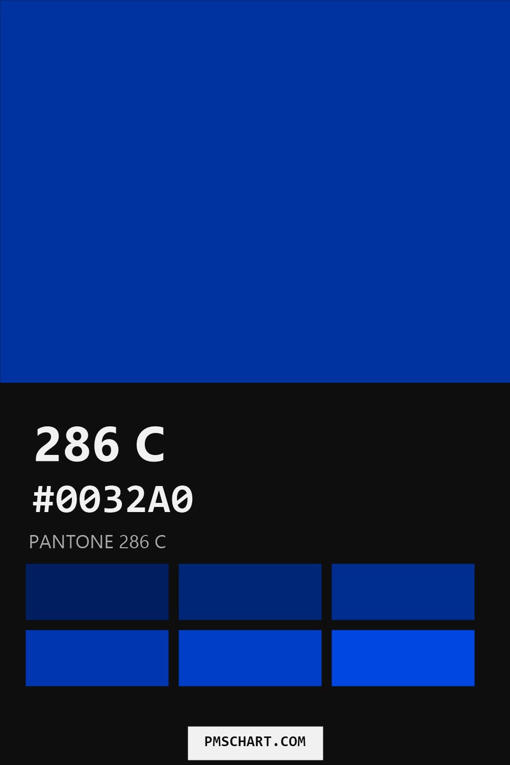 Pantone 286 C color reference card (HEX #0032A0) with six nearest Pantone matches