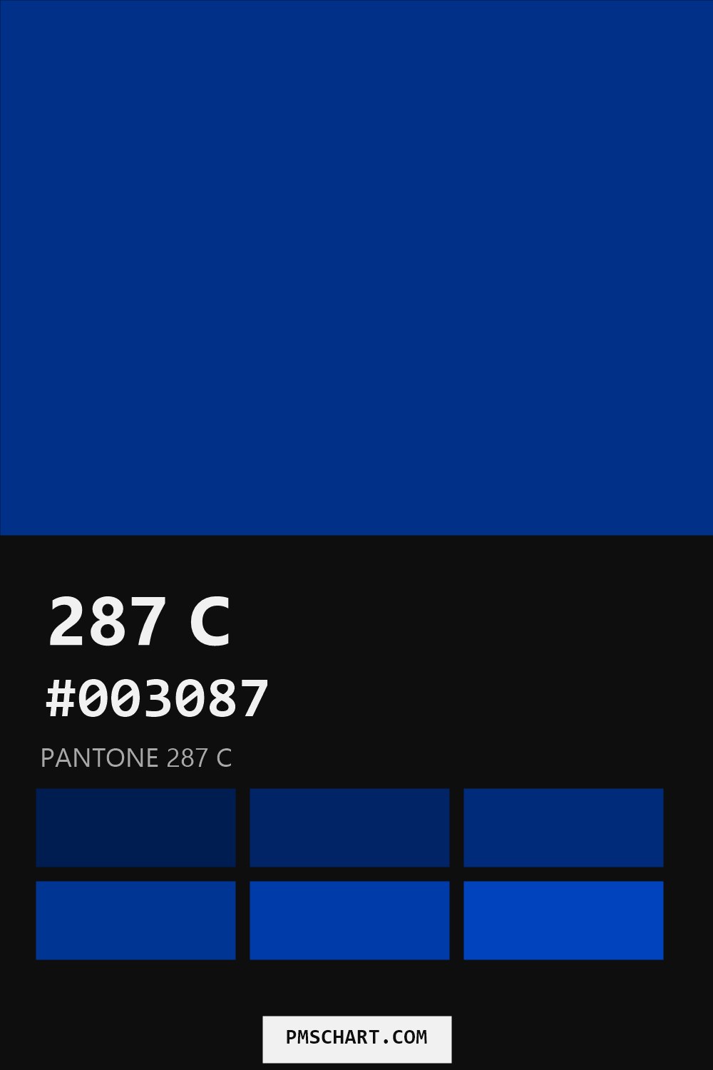 Pantone 287 C color reference card (HEX #003087) with six nearest Pantone matches