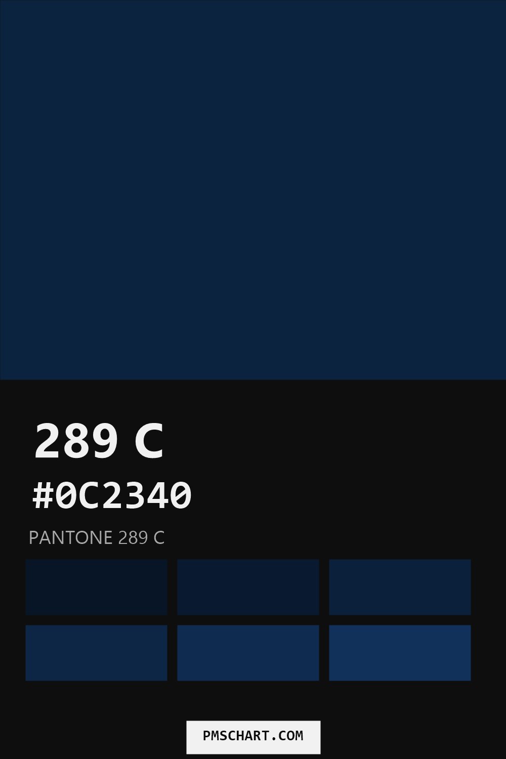 Pantone 289 C color reference card (HEX #0C2340) with six nearest Pantone matches