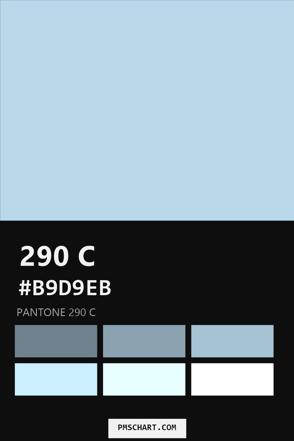 Pantone 290 C color reference card (HEX #B9D9EB) with six nearest Pantone matches