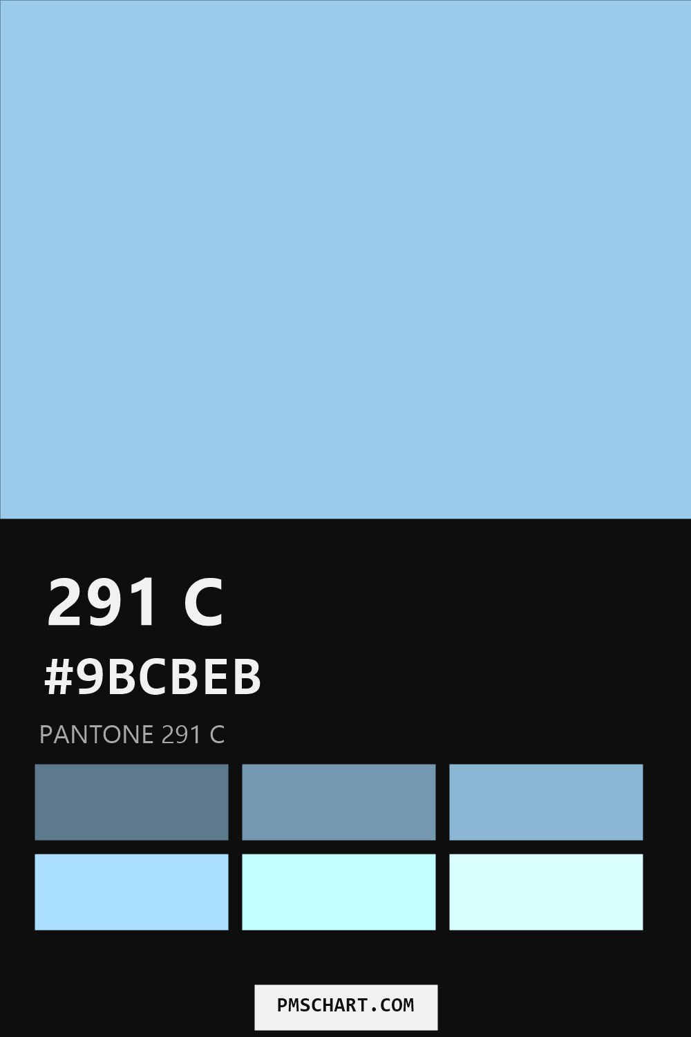 Pantone 291 C color reference card (HEX #9BCBEB) with six nearest Pantone matches