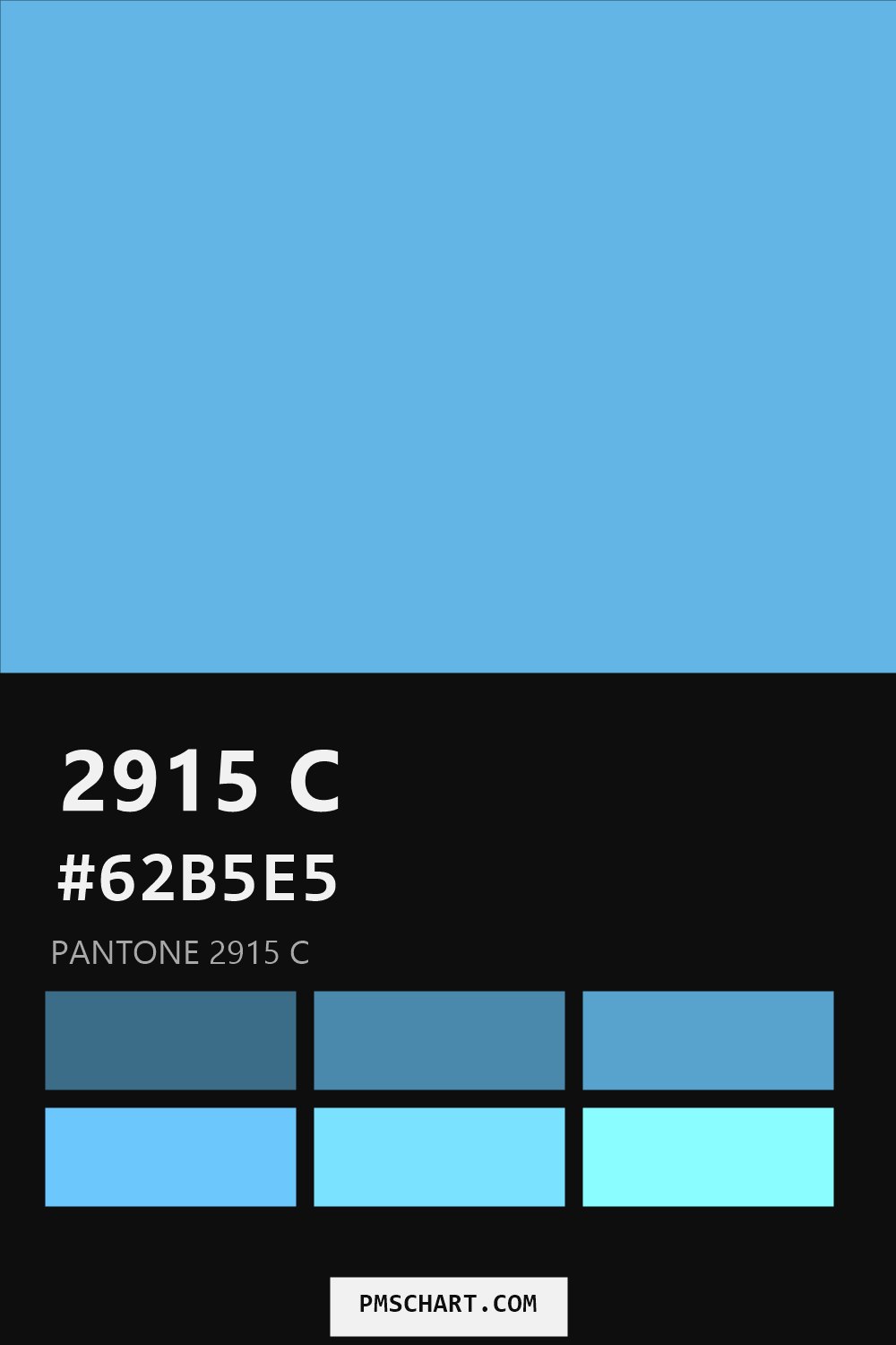 Pantone 2915 C color reference card (HEX #62B5E5) with six nearest Pantone matches
