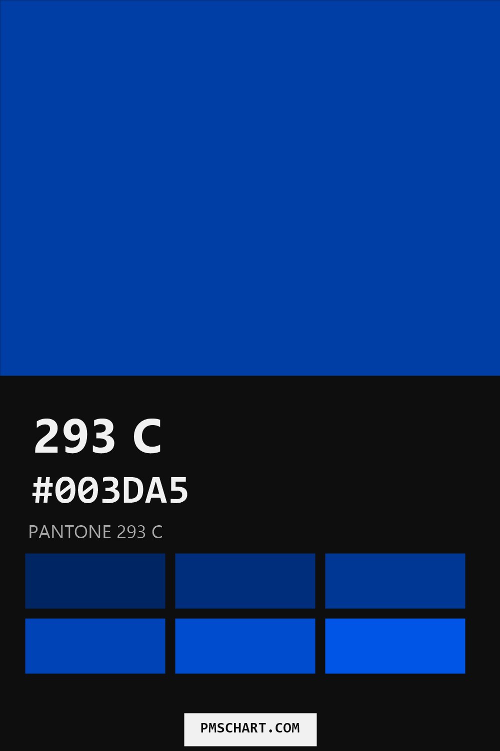 Pantone 293 C color reference card (HEX #003DA5) with six nearest Pantone matches