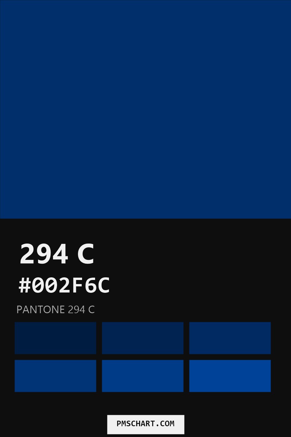 Pantone 294 C color reference card (HEX #002F6C) with six nearest Pantone matches