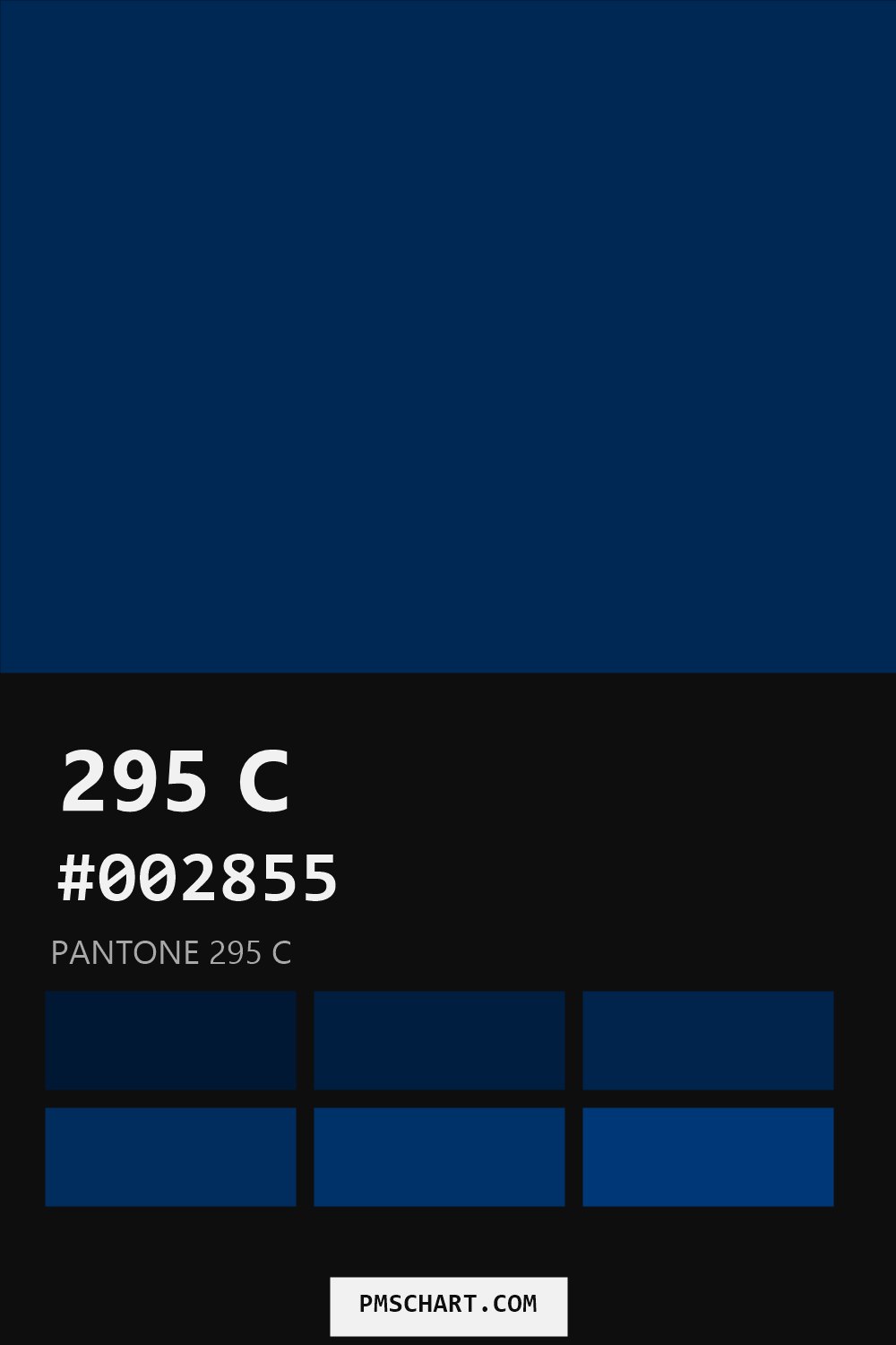 Pantone 295 C color reference card (HEX #002855) with six nearest Pantone matches