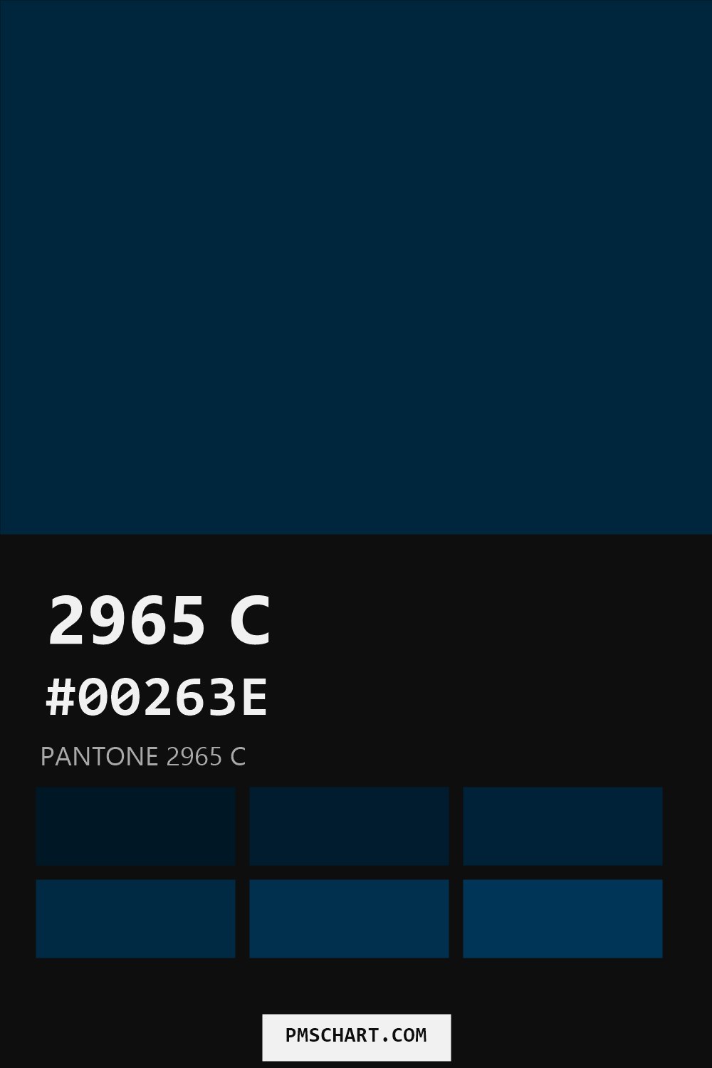 Pantone 2965 C color reference card (HEX #00263E) with six nearest Pantone matches