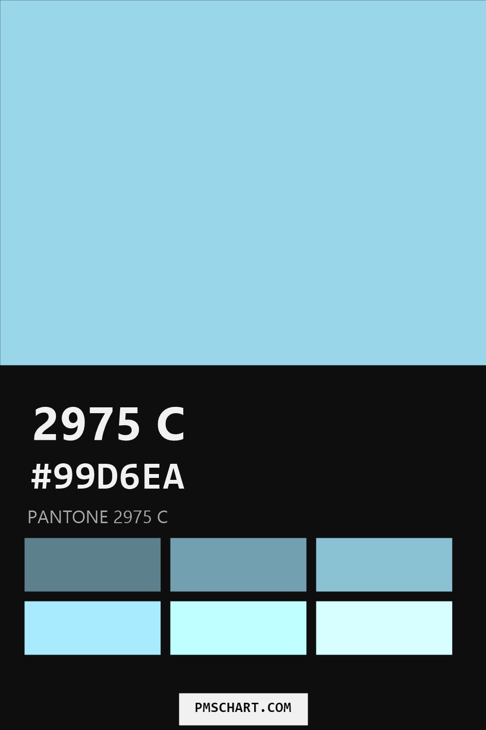 Pantone 2975 C color reference card (HEX #99D6EA) with six nearest Pantone matches